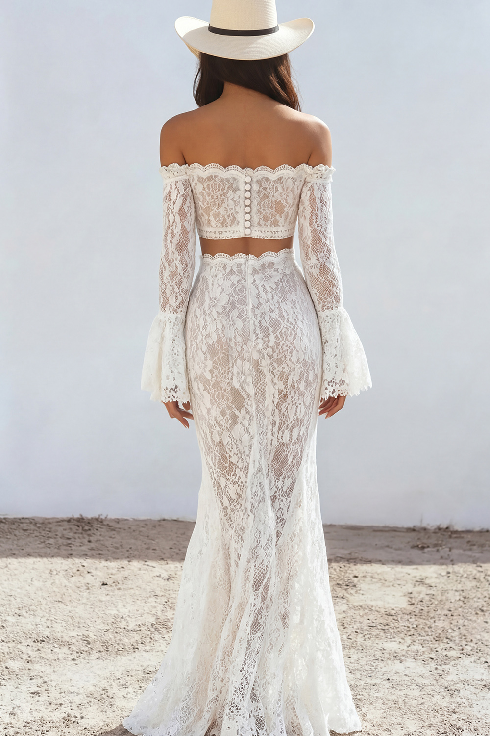 White Lace Two Piece Boho Maxi Dress with Sash, image 2