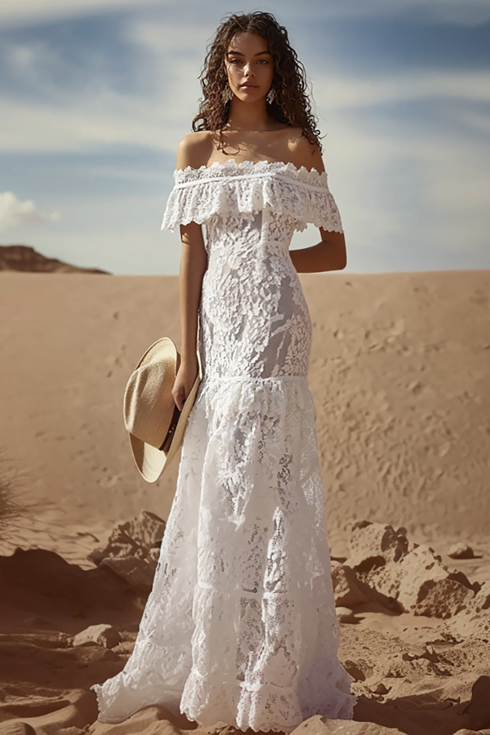 White Lace Ruffled Off The Shoulder Boho Maxi Dress, image 1