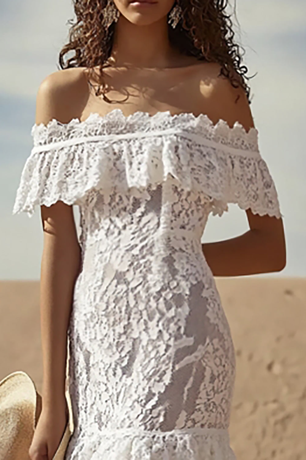 White Lace Ruffled Off The Shoulder Boho Maxi Dress, image 2