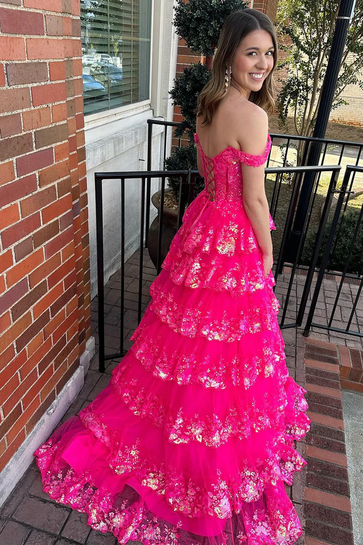Off the Shoulder A-Line&Princess Lace Appliques Sequin Long Tiered Prom Dress Evening Dress