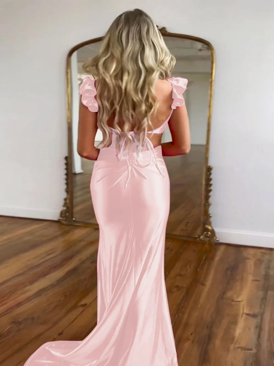 Cute Mermaid Satin Cutout Waist Sweep Train Prom Dress With Flower
