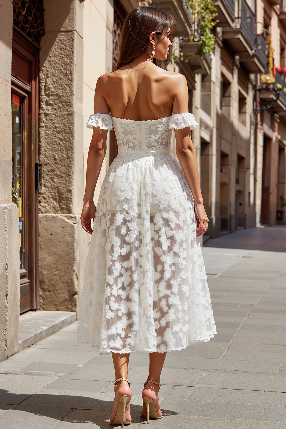 Floral Ivory A-Line Lace Long Boho Wedding Reception Dresses, image 2