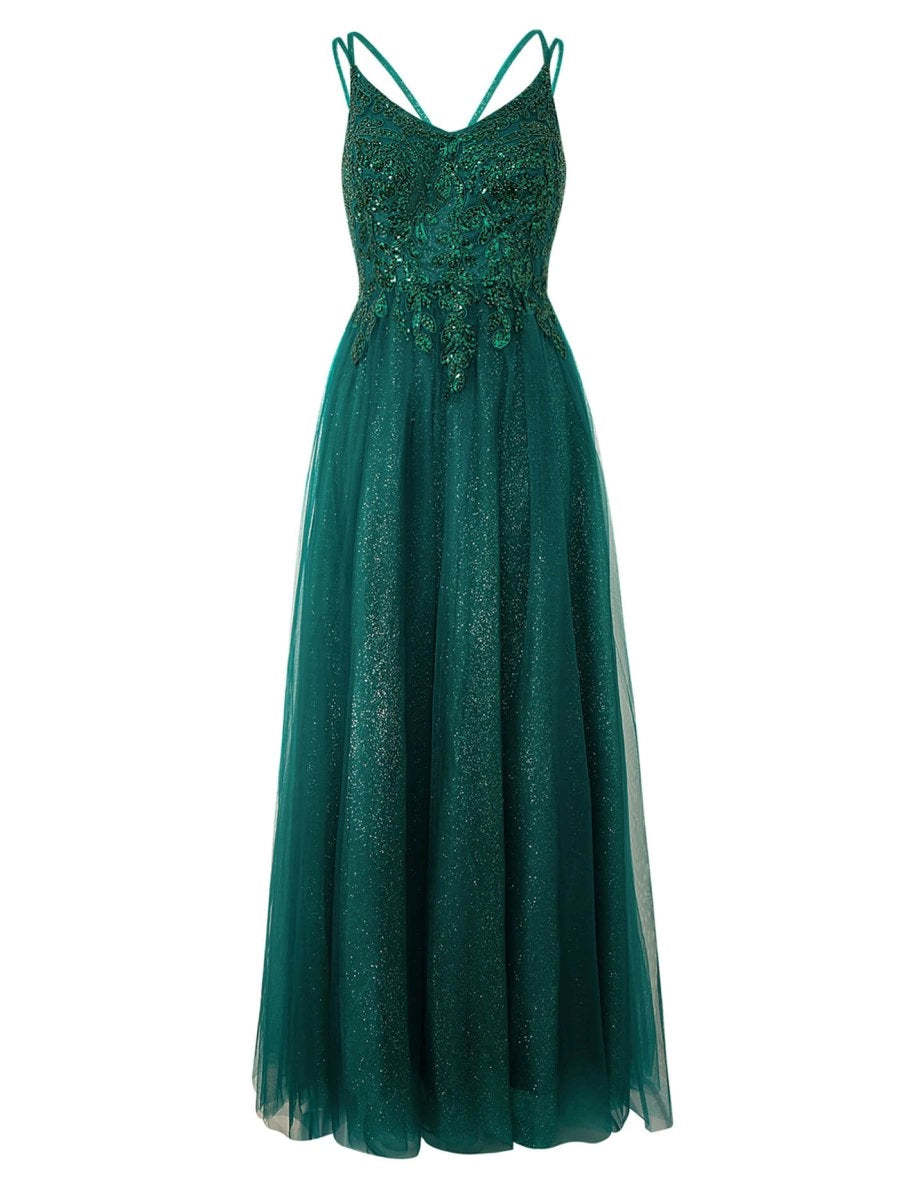 Yellow A-line Floor Length Glitter Tulle Prom Dresses Evening Dresses