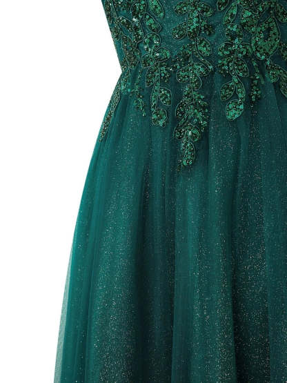 Yellow A-line Floor Length Glitter Tulle Prom Dresses Evening Dresses