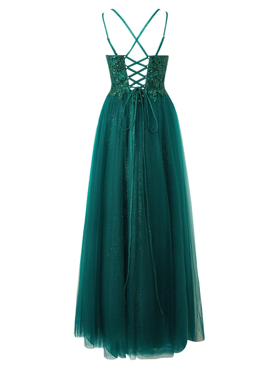 Yellow A-line Floor Length Glitter Tulle Prom Dresses Evening Dresses