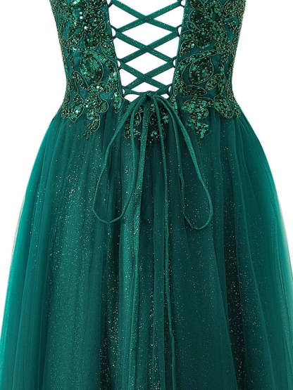Yellow A-line Floor Length Glitter Tulle Prom Dresses Evening Dresses