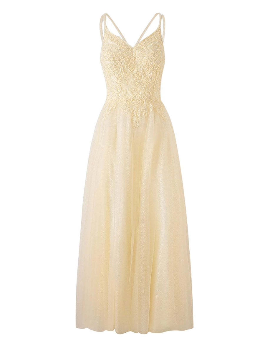 Yellow A-line Floor Length Glitter Tulle Prom Dresses Evening Dresses