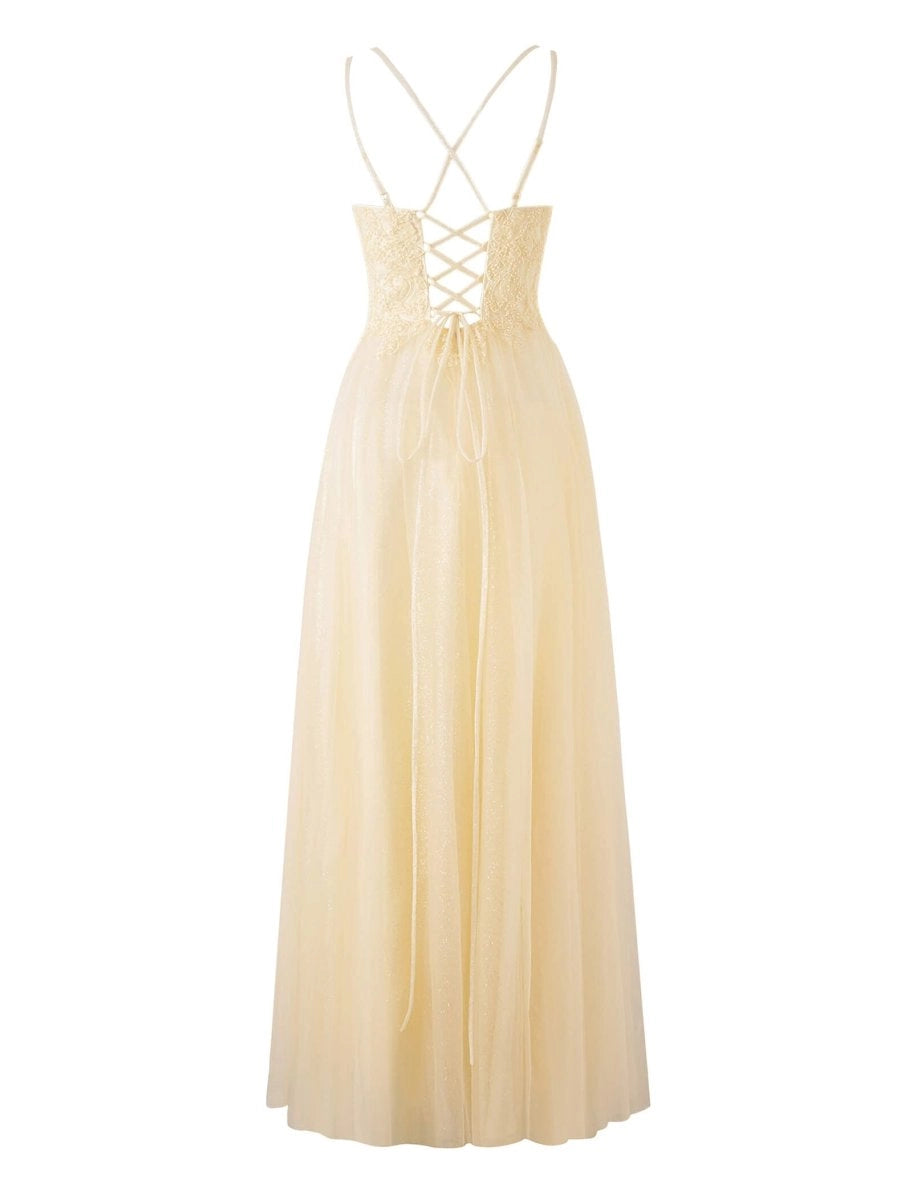 Yellow A-line Floor Length Glitter Tulle Prom Dresses Evening Dresses