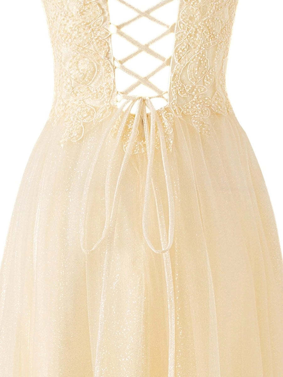 Yellow A-line Floor Length Glitter Tulle Prom Dresses Evening Dresses