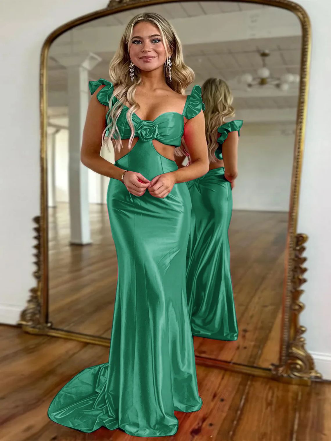 Cute Mermaid Satin Cutout Waist Sweep Train Prom Dress With Flower