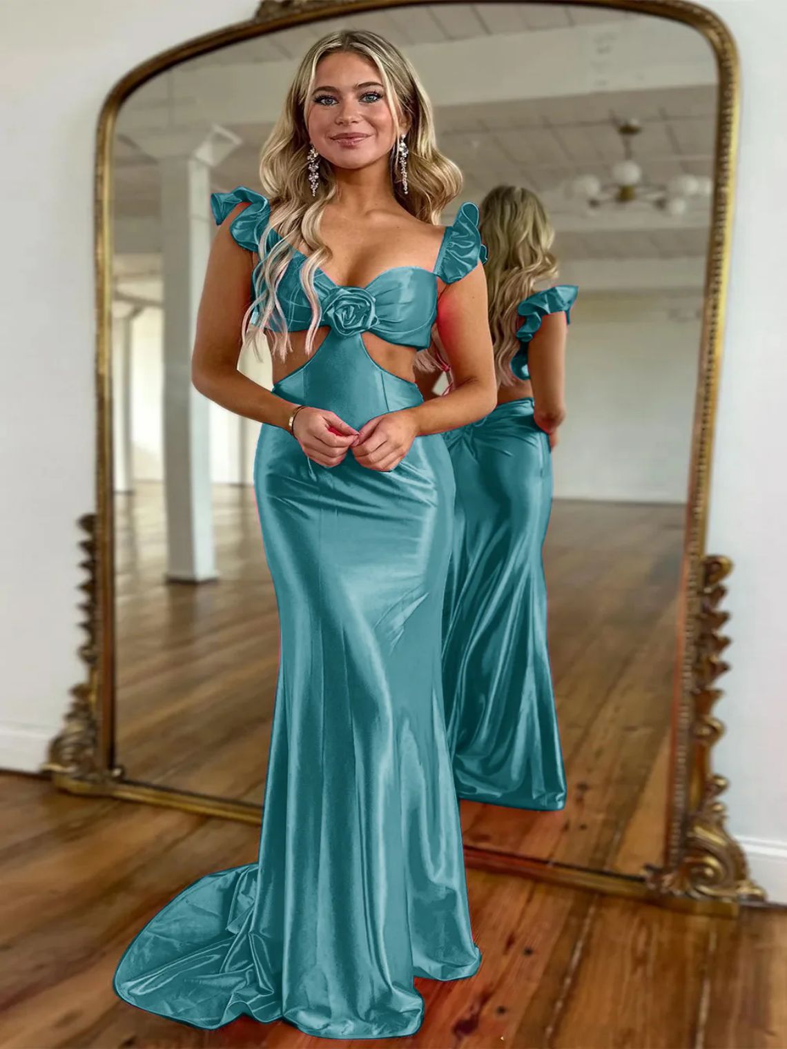 Cute Mermaid Satin Cutout Waist Sweep Train Prom Dress With Flower