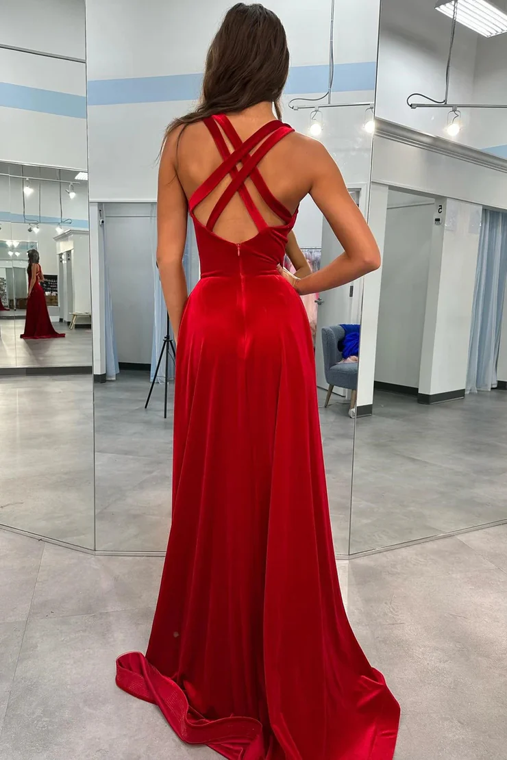 Velvet A-Line&Princess V Cross Back Sweep/Brush Train Long Formal Dress Reception Dress