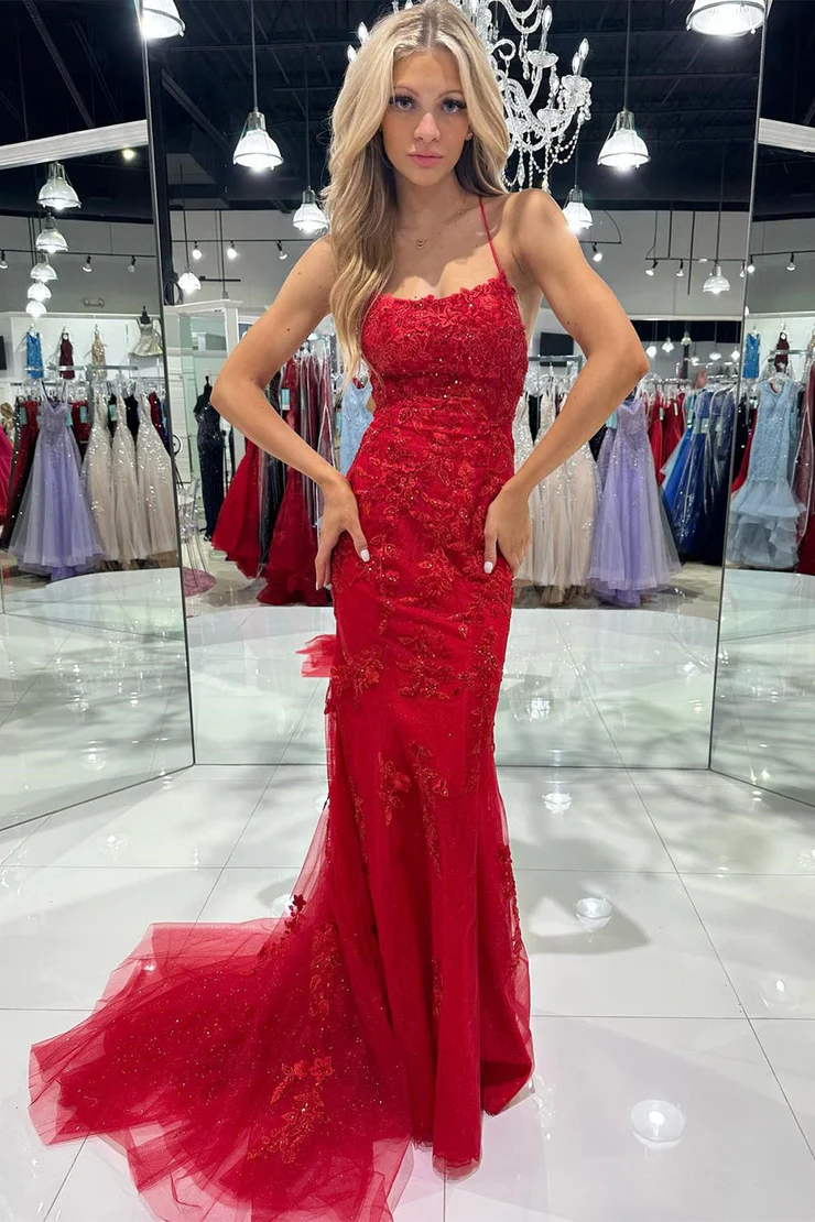 Tulle Mermaid/Trumpet Spaghetti Straps Scoop Neck Lace Appliques Long Dress