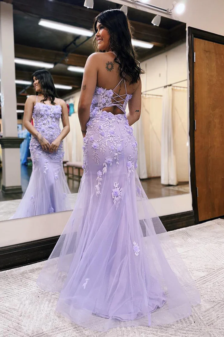 Mermaid/Trumpet Spaghetti Straps Lace Appliques Scoop Neck Long Prom Dresses 