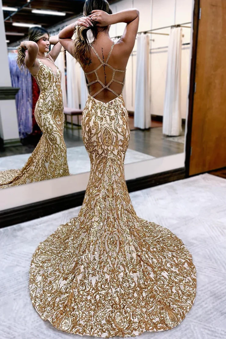 V-Neck Mermaid/Trumpet Sequined Sleeveless Prom Dress Evening Dress