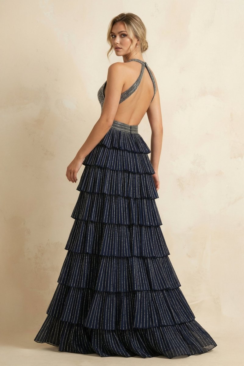 Navy Blue - A-Line Halter Satin Beaded Long Prom Dresses With Ruffles Evening Dresses, product image 2