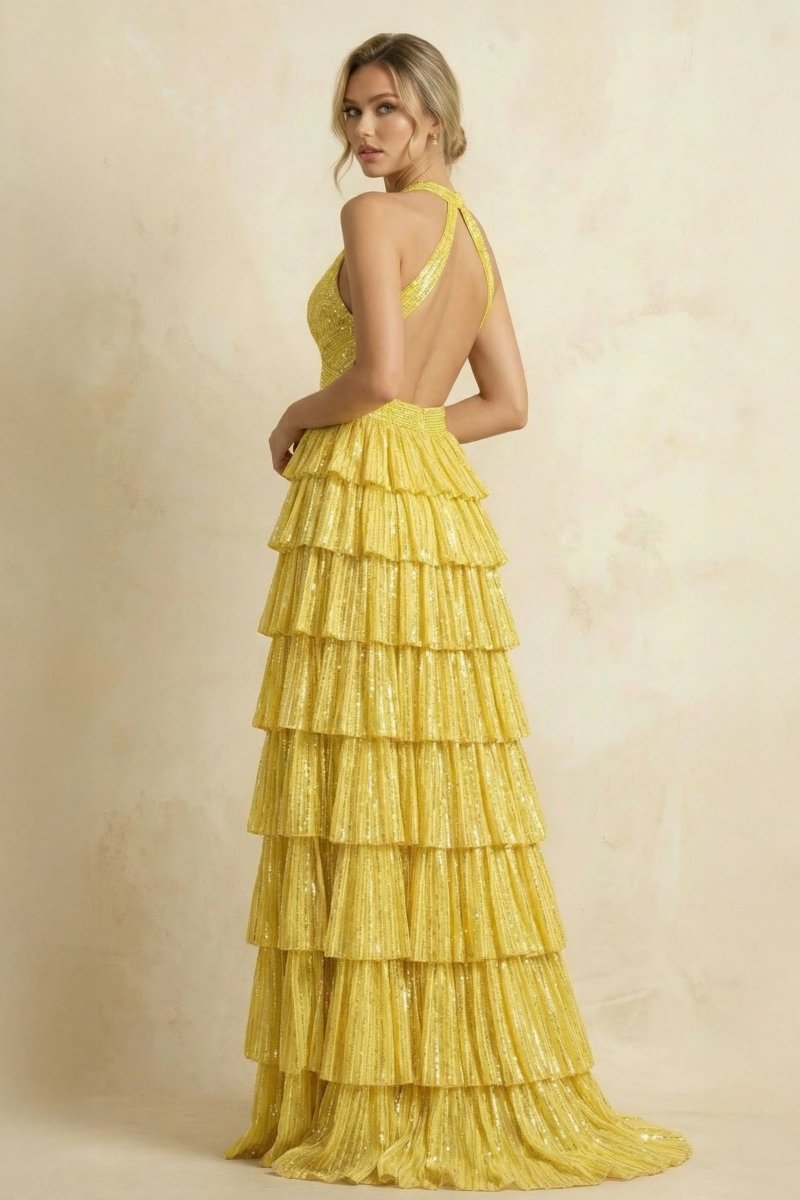 Royal Blue A-Line Halter Satin Beaded Long Prom Dresses With Ruffles Evening Dresses, product image 16