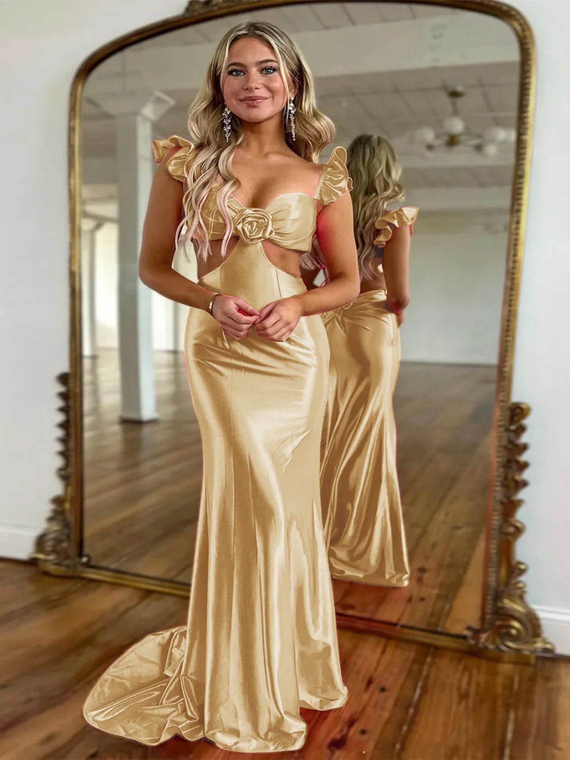 Cute Mermaid Satin Cutout Waist Sweep Train Prom Dress With Flower