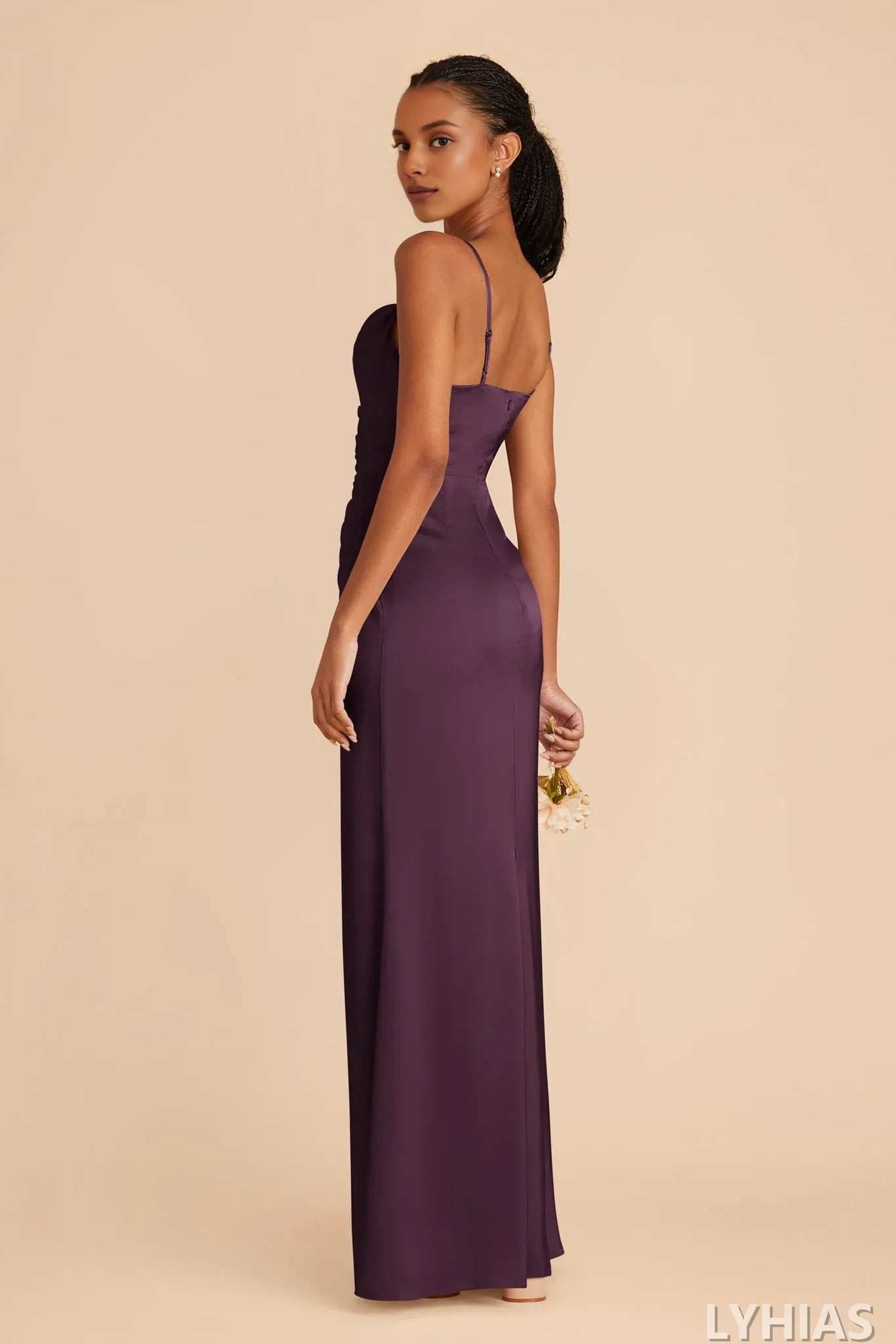 Burgundy Satin A-Line Cowl Neck Bridesmaid Dresses with Ruched Bodice & High Slit