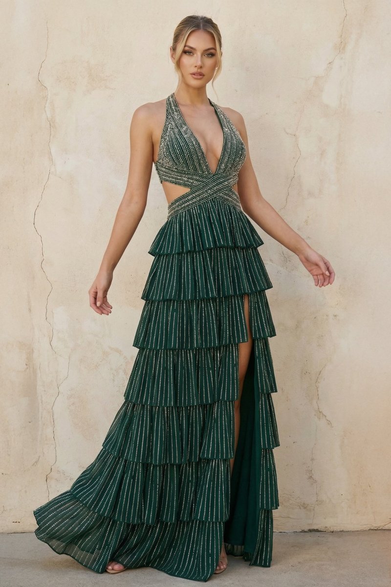 Dark Green - A-Line Halter Satin Beaded Long Prom Dresses With Ruffles Evening Dresses, product image 5