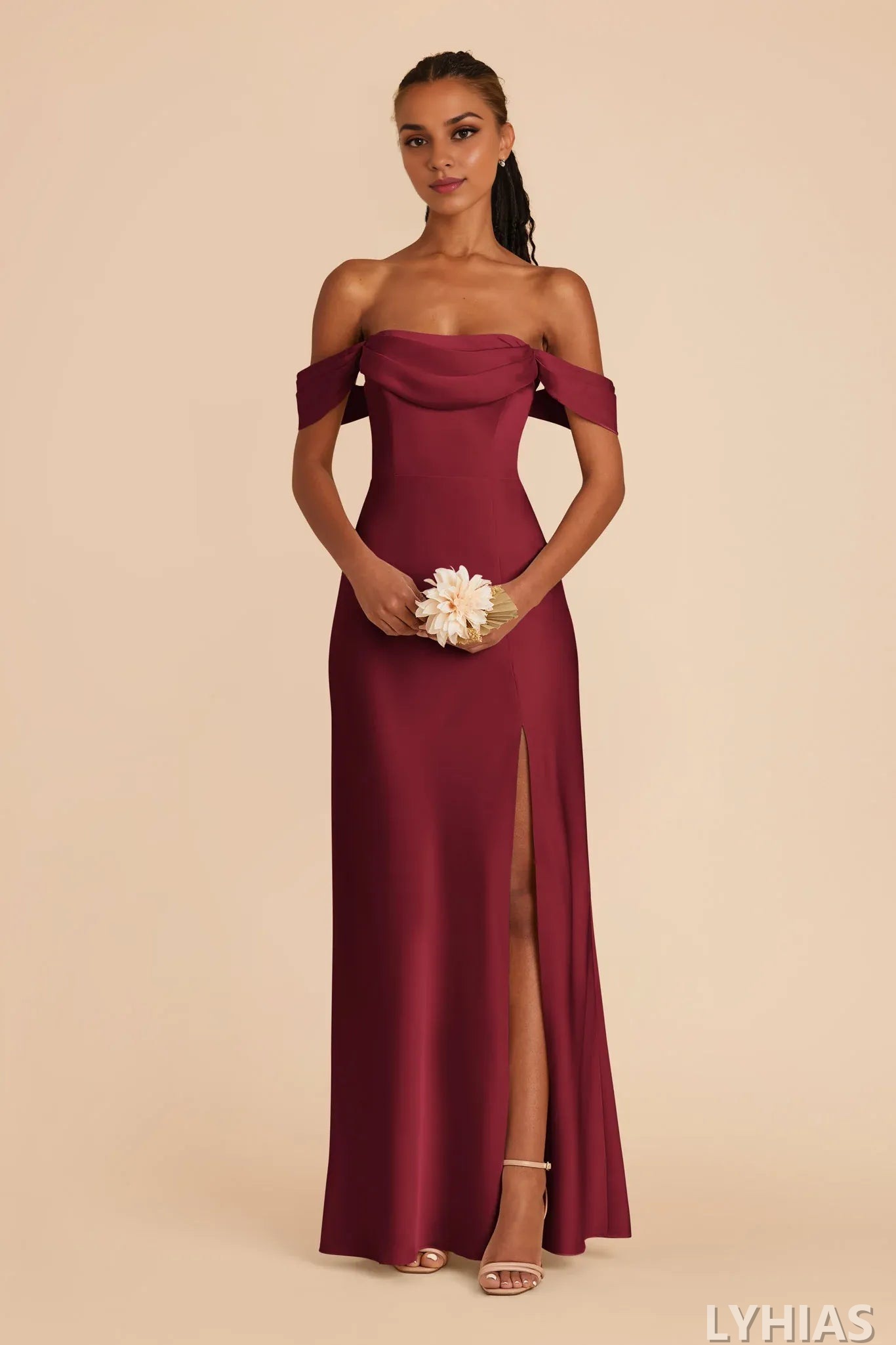 Burgundy Satin Sheath/column Off-the-Shoulder Floor-Length Bridesmaid Dresses