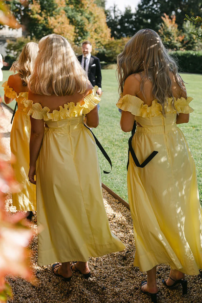 Off the Shoulder Ruffle Satin Ankle Length Yellow Bridesmaid Dresses