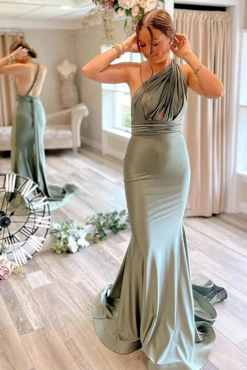 Mermaid Light Green Convertible Satin Prom Bridesmaid Dress