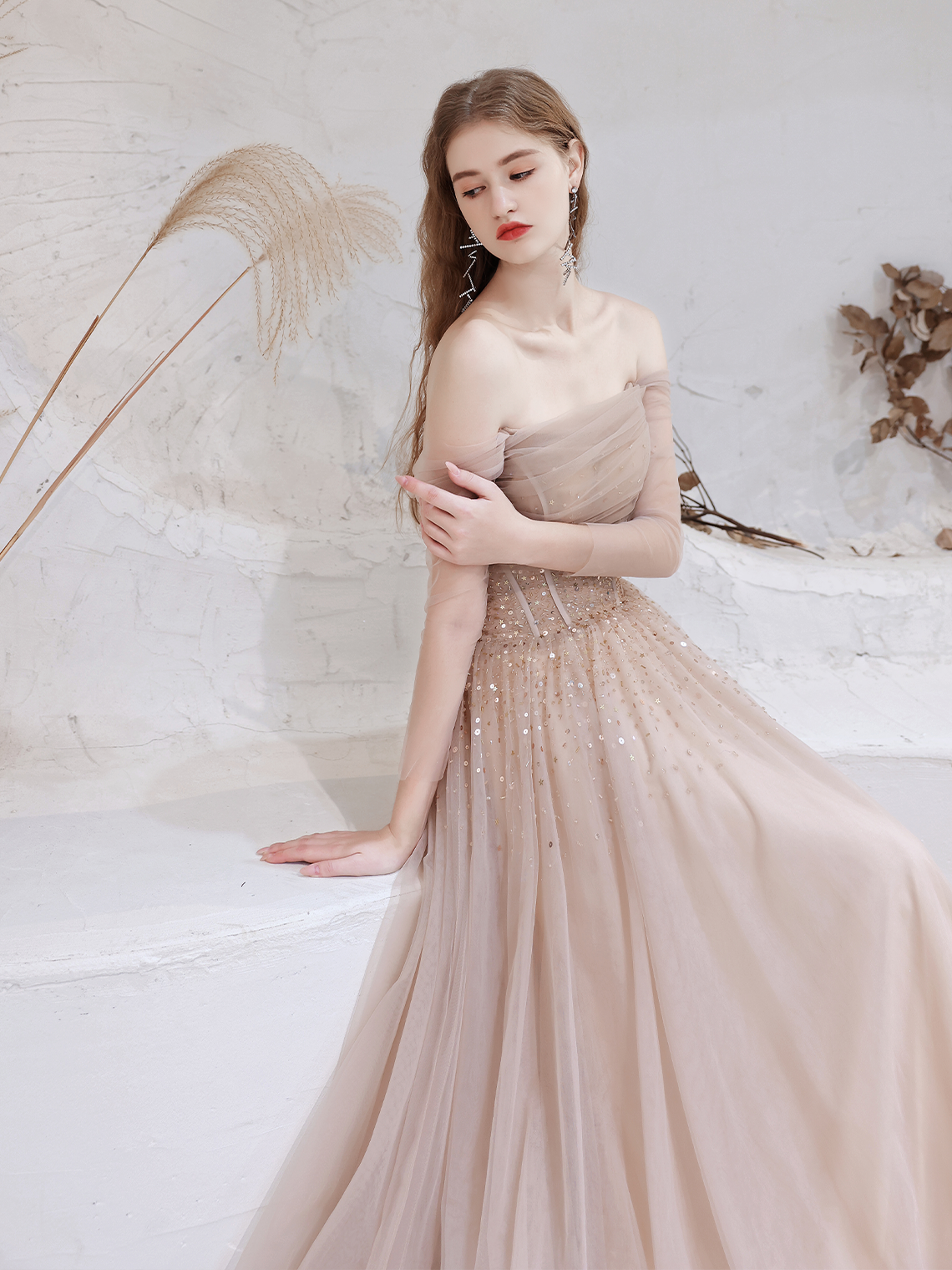 A-Line Glittering Evening Dress Prom Dress Off Shoulder Floor Length