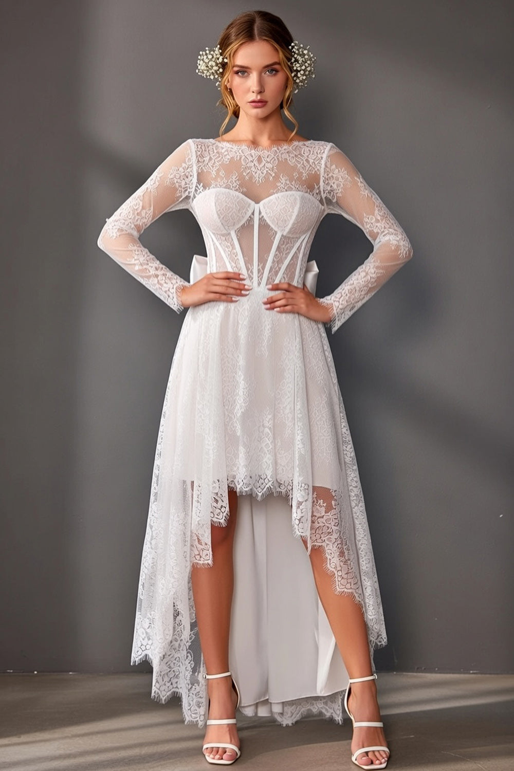 White High-Low Boat Neck A Line High Low Corset Boho Bridal Shower Dresses, image 1