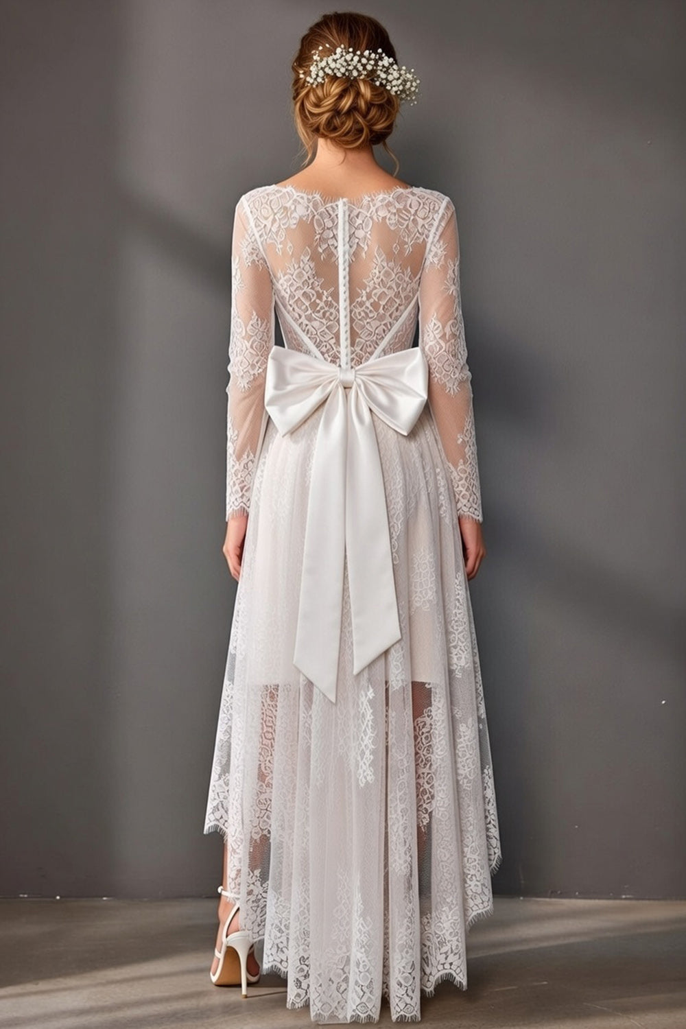 White High-Low Boat Neck A Line High Low Corset Boho Bridal Shower Dresses, image 2