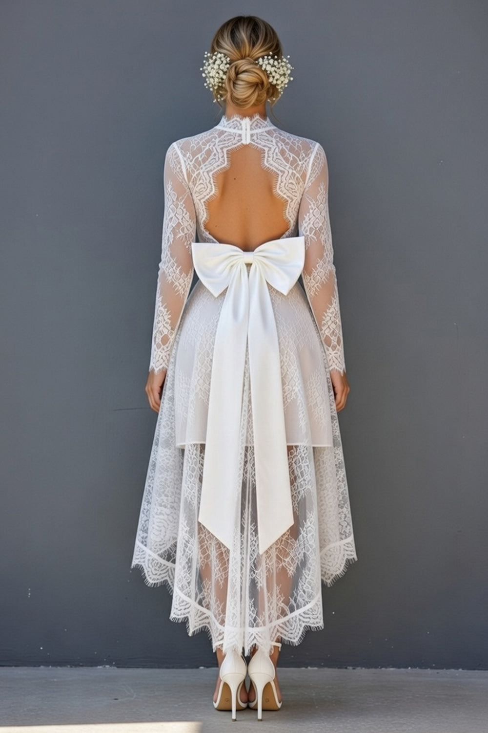 White Lace Long Sleeves Open Back Corset High-Low Boho Bridal Shower Dresses with Bow, image 2