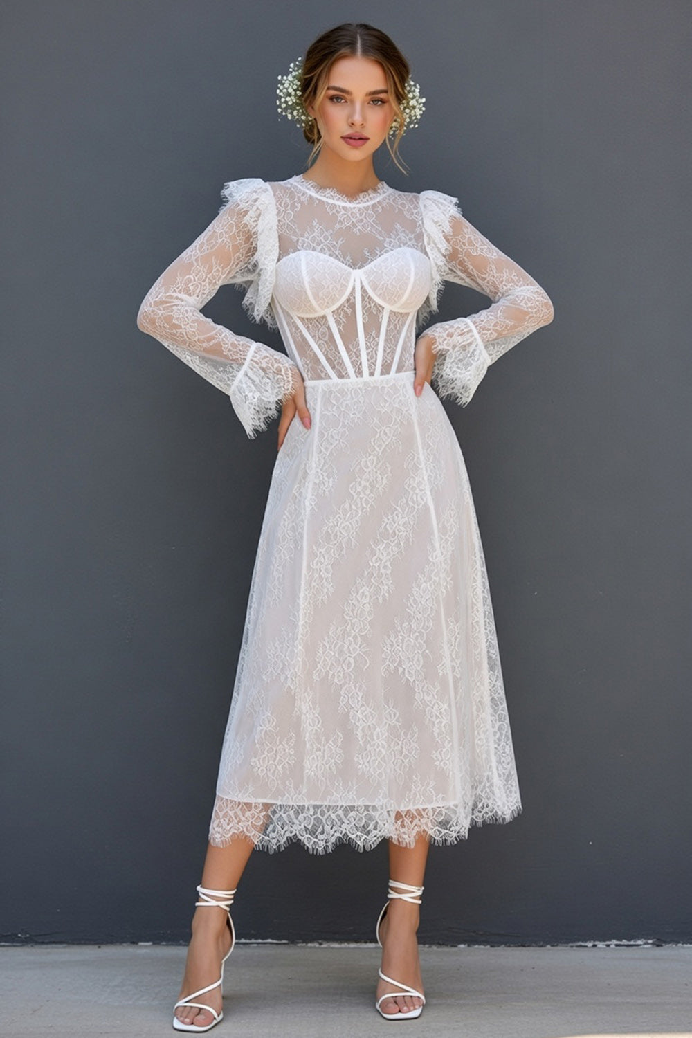 White A Line Ruffled Sleeves Round Neck Boho Maxi Corset Wedding Reception Dresses, image 1