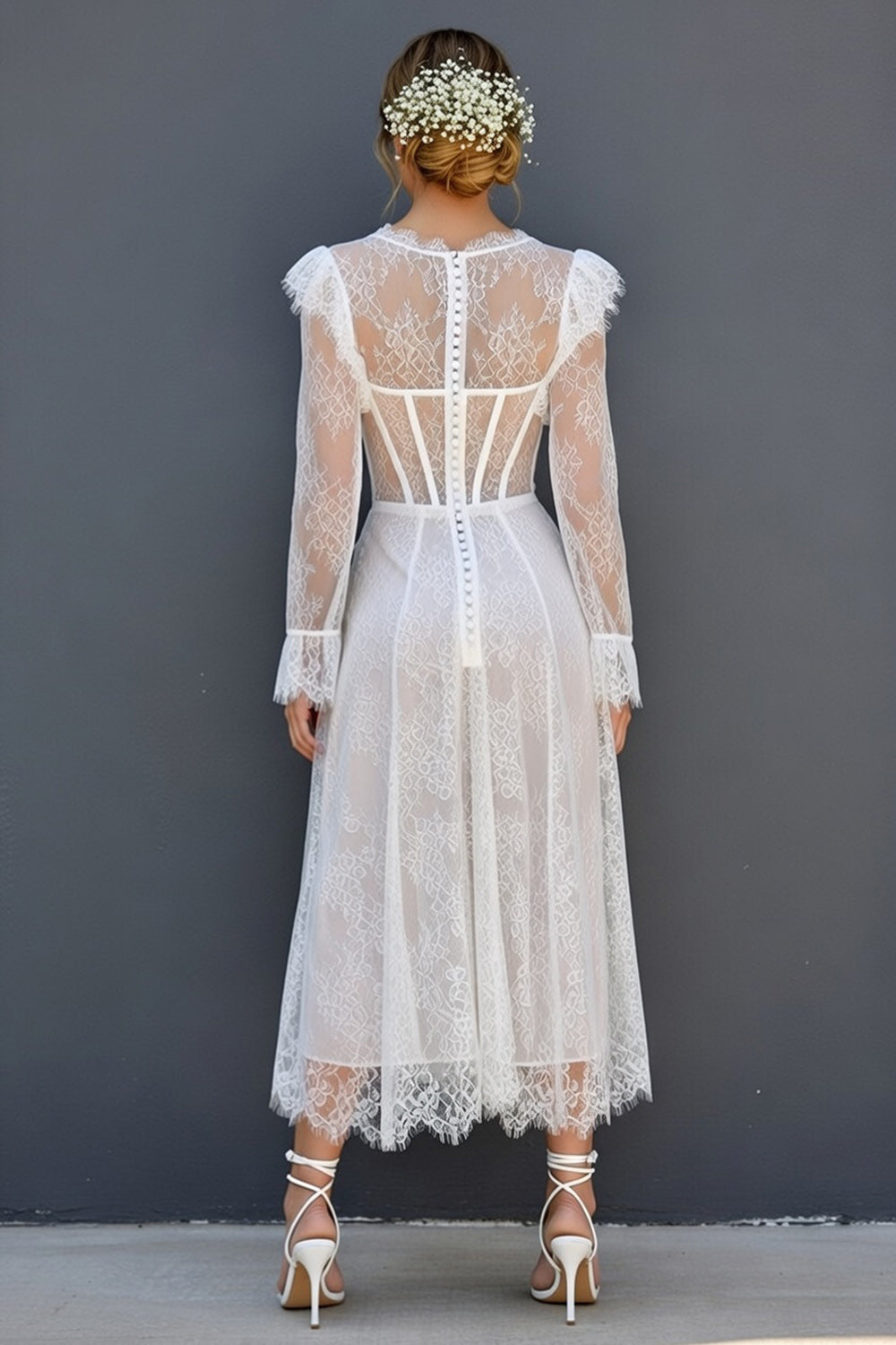 White A Line Ruffled Sleeves Round Neck Boho Maxi Corset Wedding Reception Dresses, image 2