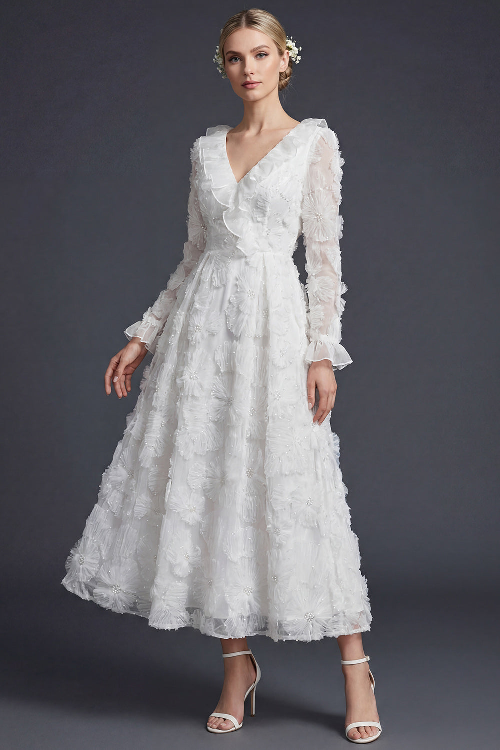 Sparkly White Beaded Ruffled Floral Appliqued Maxi Boho Wedding Reception Dresses, image 1