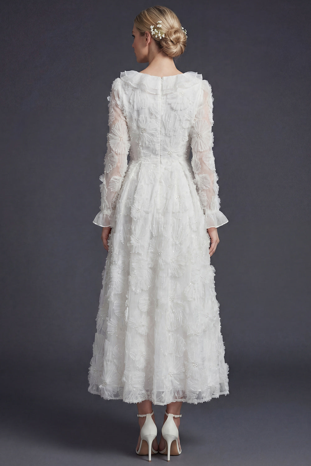 Sparkly White Beaded Ruffled Floral Appliqued Maxi Boho Wedding Reception Dresses, image 2