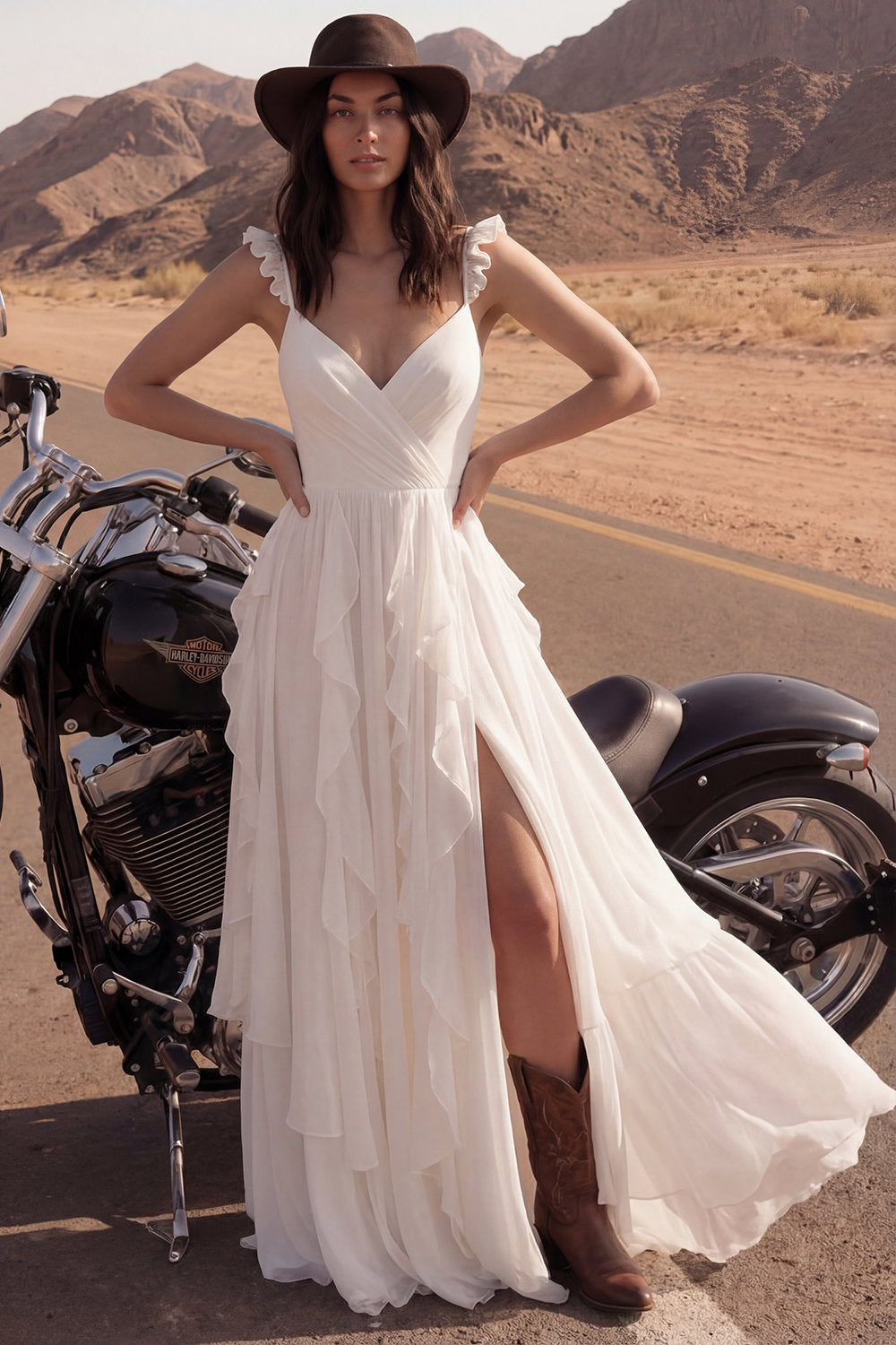 A Line Ivory V-Neck Maxi Beach Engagement Dresses with Ruffles Wedding Dresses