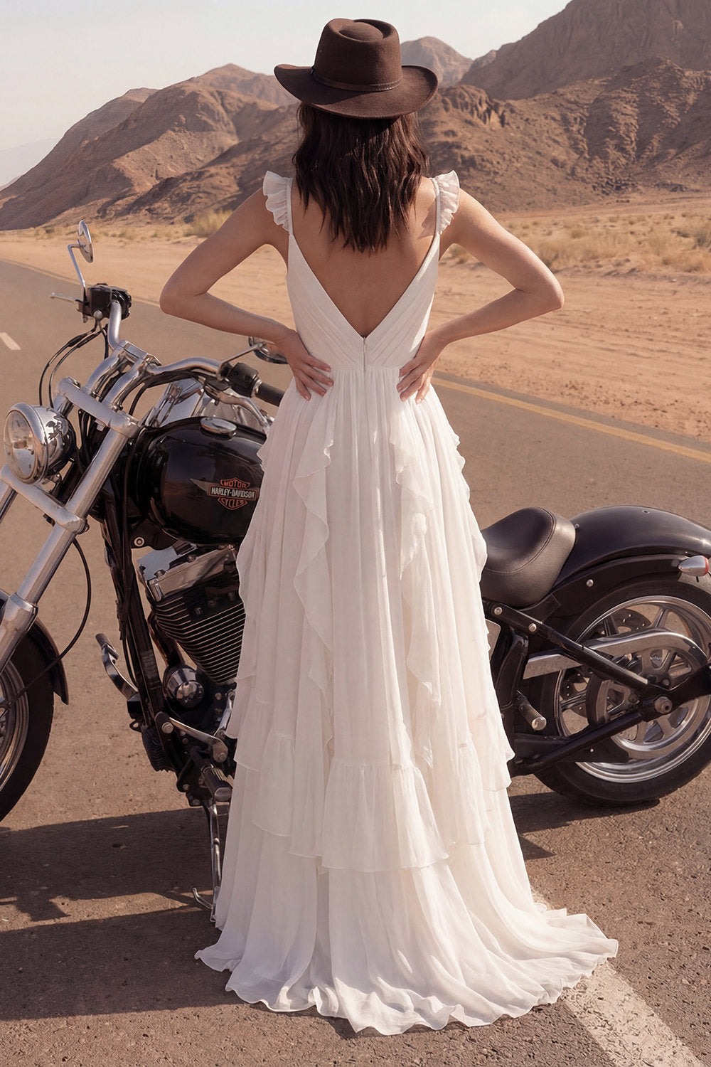 A Line Ivory V-Neck Maxi Beach Engagement Dresses with Ruffles Wedding Dresses