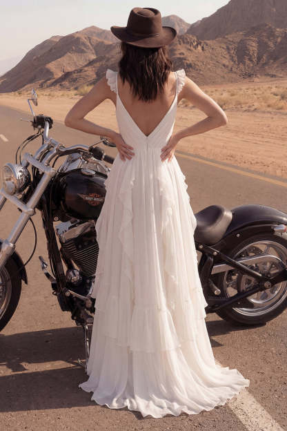 A Line Ivory V-Neck Maxi Beach Engagement Dresses with Ruffles Wedding Dresses
