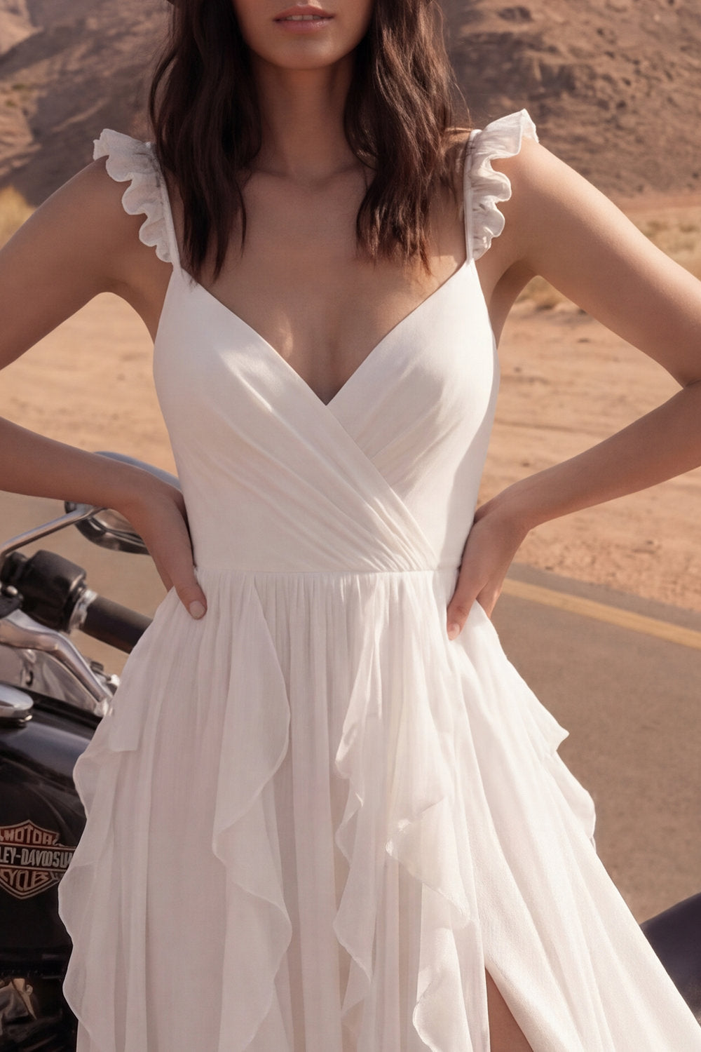 A Line Ivory V-Neck Maxi Beach Engagement Dresses with Ruffles Wedding Dresses