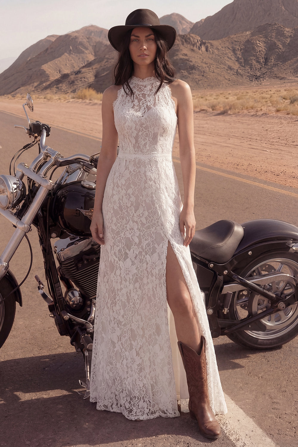 Sheath Floral Lace Ivory Maxi Boho Engagement Dresses with Slit, image 1