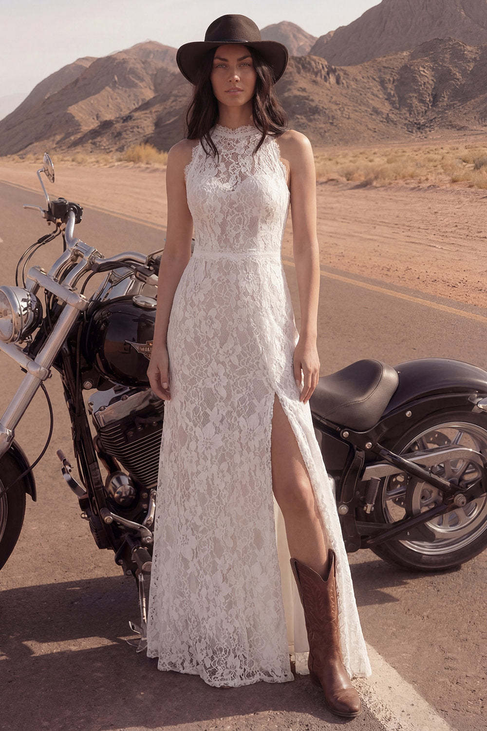 Sheath Floral Lace Ivory Maxi Boho Engagement Dresses with Slit in Ivory, US2