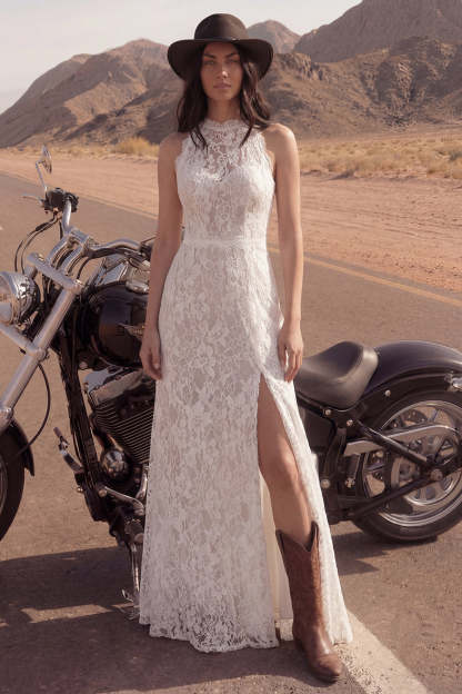 Sheath Floral Lace Ivory Maxi Boho Engagement Dresses with Slit Wedding Dresses