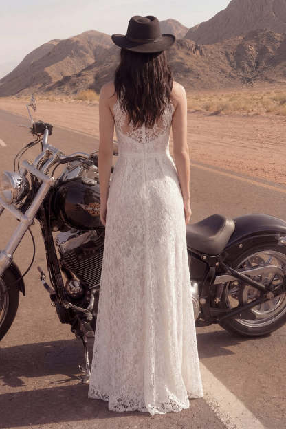 Sheath Floral Lace Ivory Maxi Boho Engagement Dresses with Slit Wedding Dresses