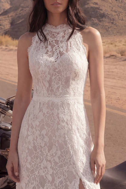 Sheath Floral Lace Ivory Maxi Boho Engagement Dresses with Slit Wedding Dresses