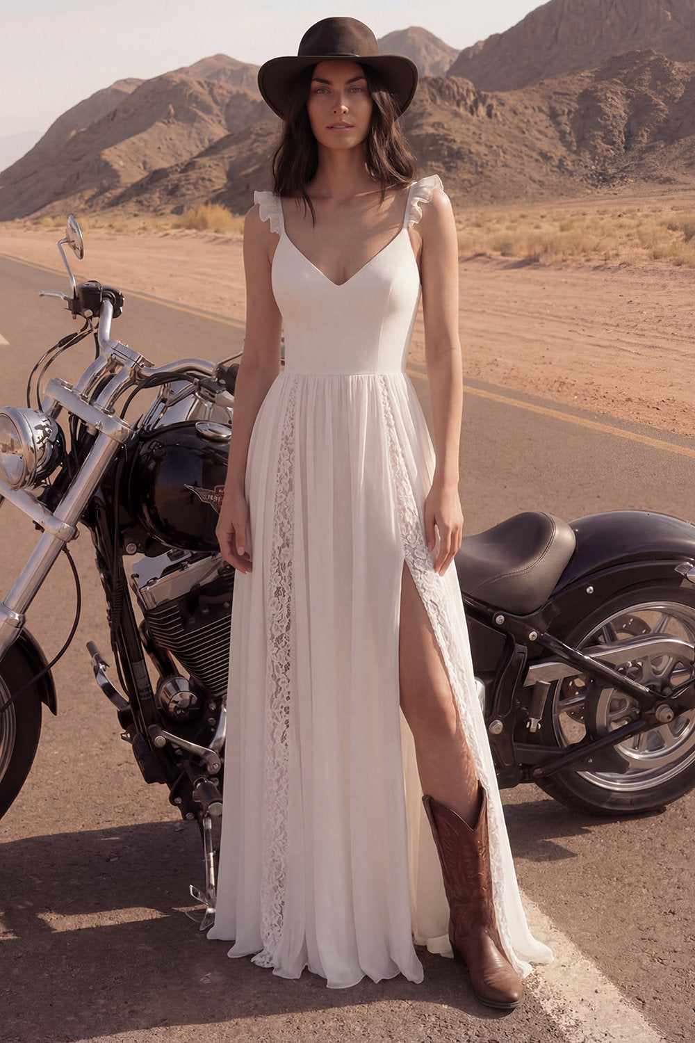 A Line V-Neck Ivory Beach Lace Engagement Dresses with Slit Wedding Dresses