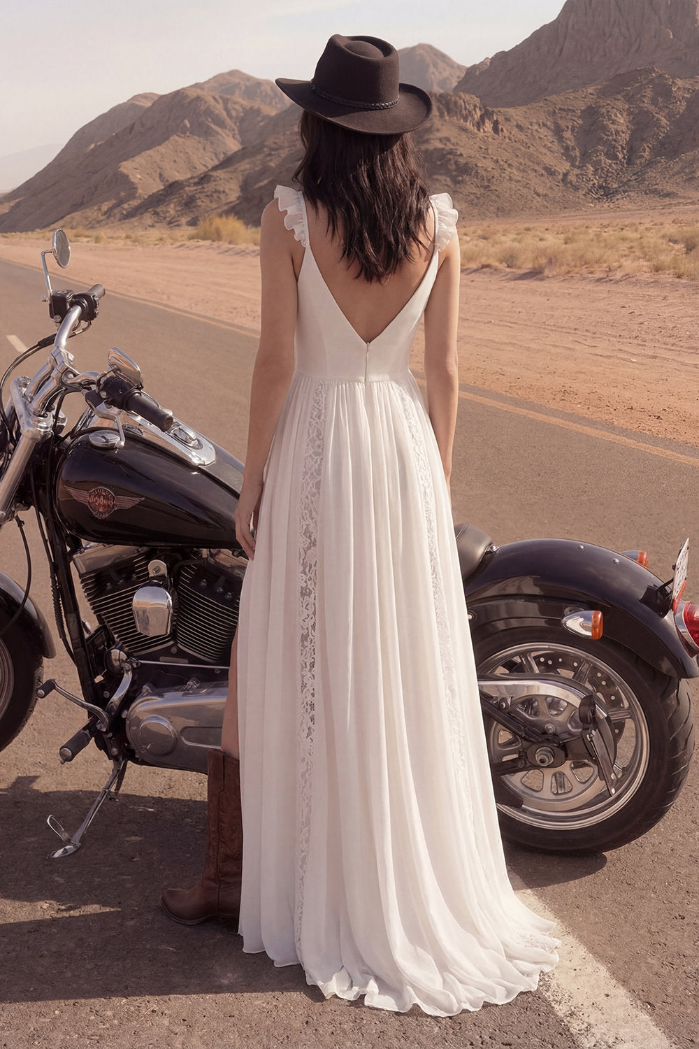 A Line V-Neck Ivory Beach Lace Engagement Dresses with Slit Wedding Dresses