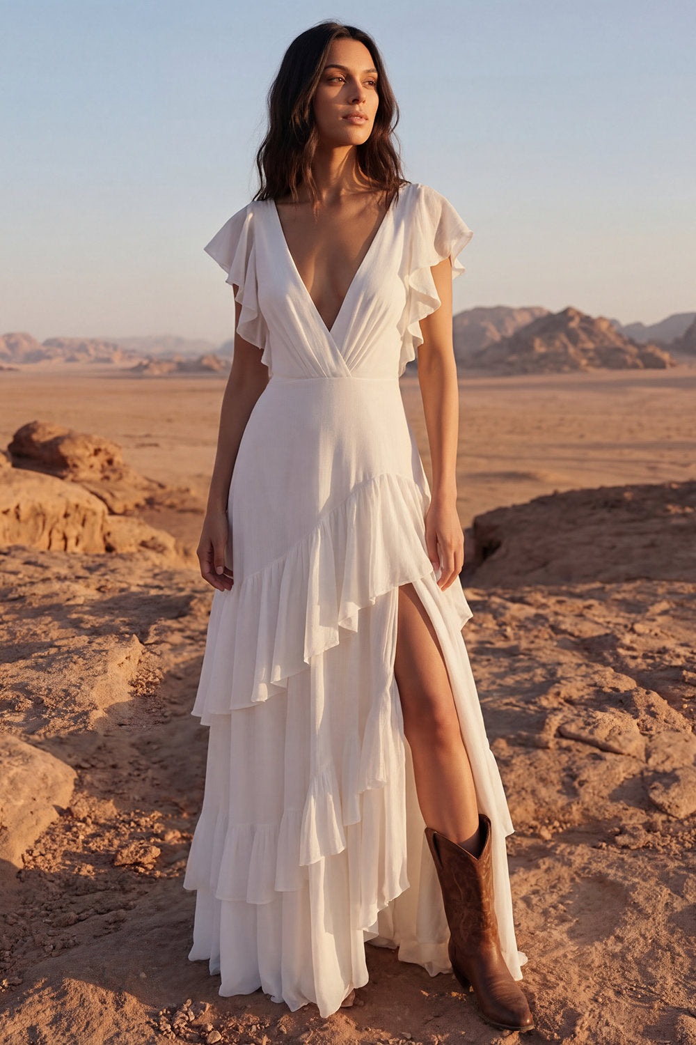 Ivory A Line V-Neck Maxi Beach Engagement Dresses with Ruffles Wedding Dresses