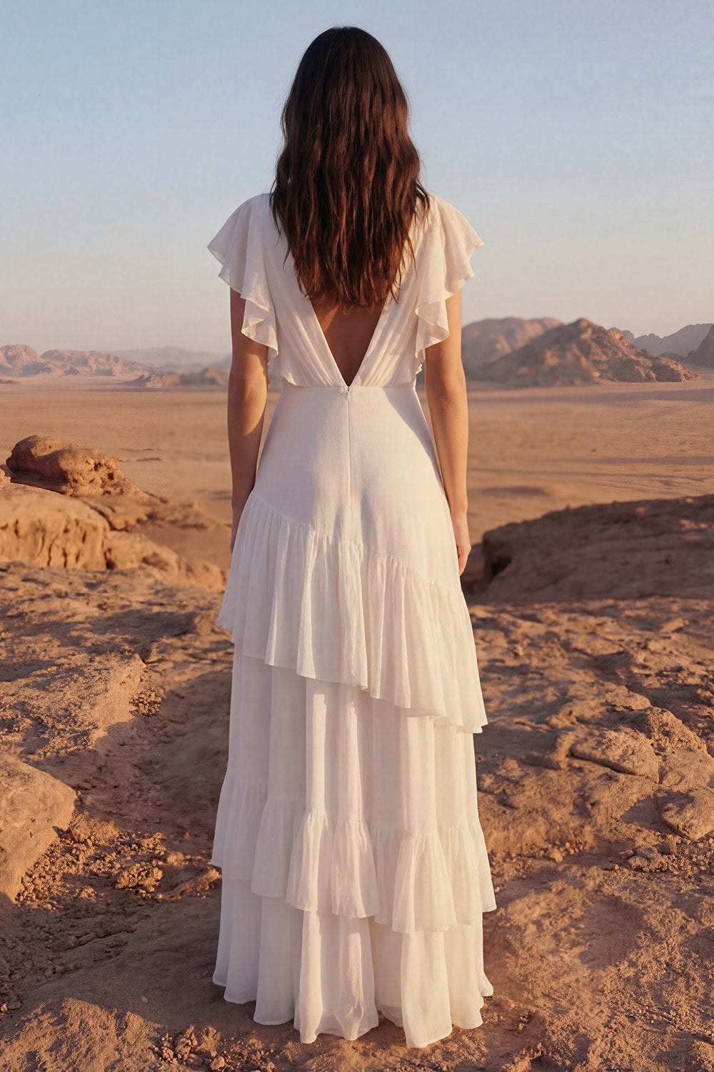 Ivory A Line V-Neck Maxi Beach Engagement Dresses with Ruffles Wedding Dresses