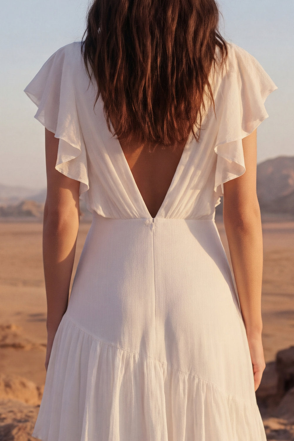 Ivory A Line V-Neck Maxi Beach Engagement Dresses with Ruffles Wedding Dresses