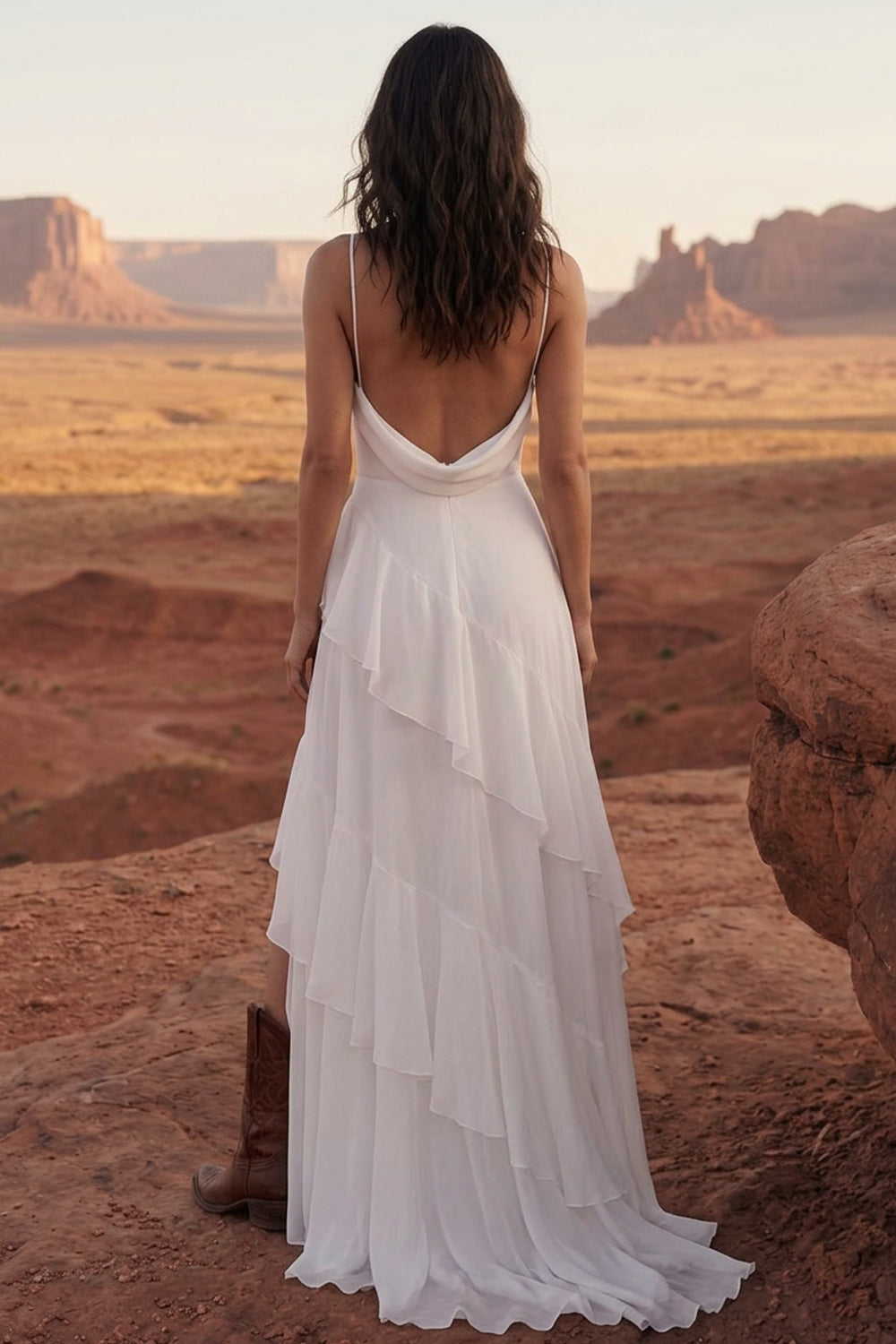 A Line Spaghetti Straps Maxi Ivory Beach Engagement Dresses with Ruffles Wedding Dresses